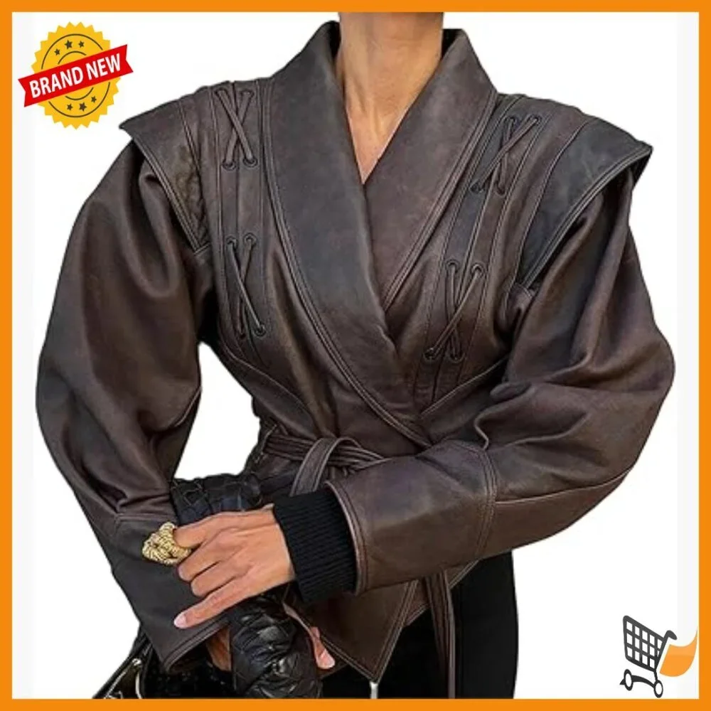 Faux Leather Motorcycle Jacket Oversized Belted Bomber Coat Women's
